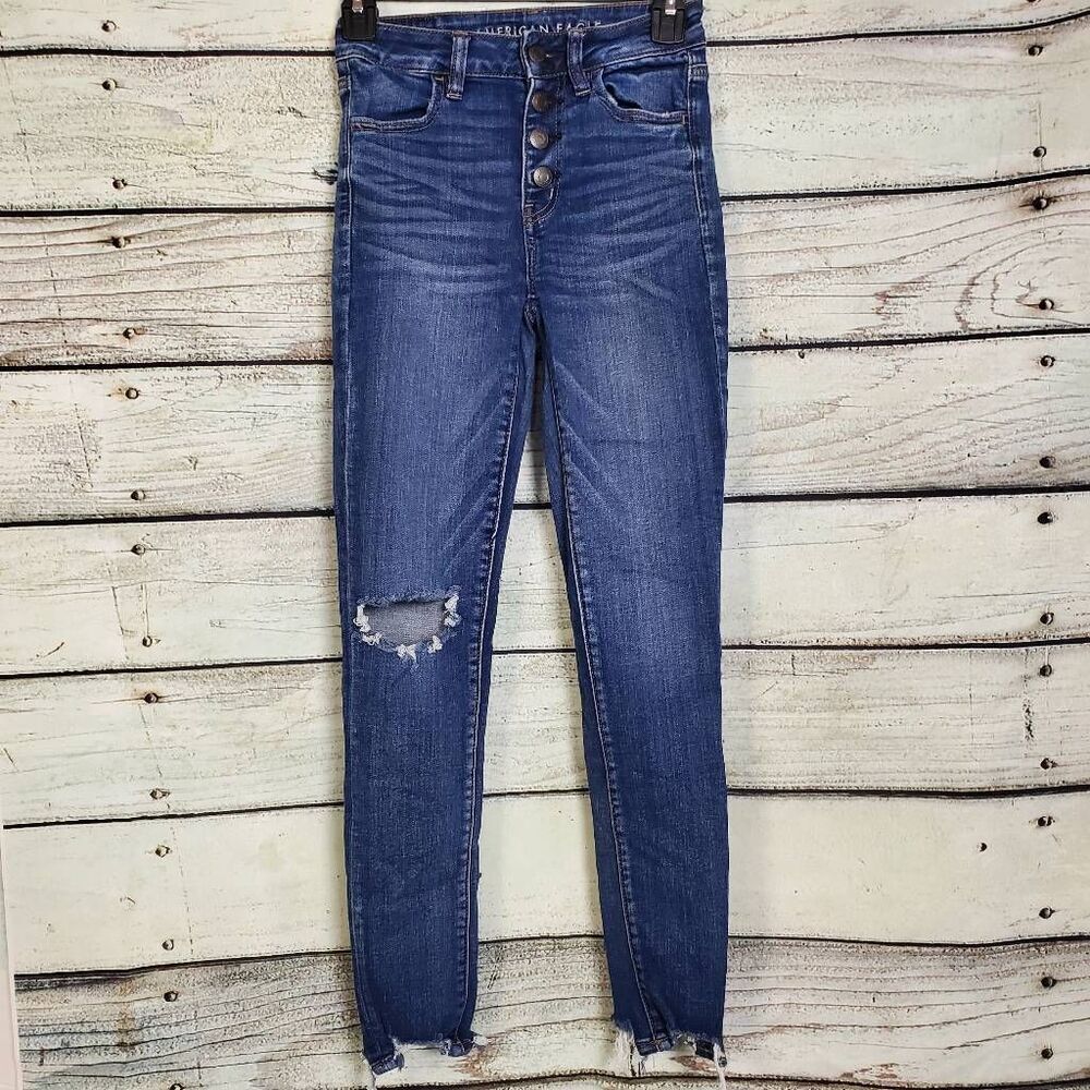 American Eagle Outfitters High Rise Distressed Skinny Jeans Size 0 Button Fly Fr
